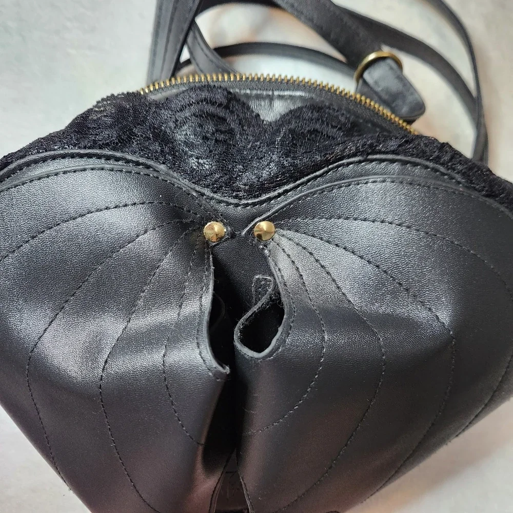 Black Heart Bat Wing Gothic Lace Backpack Faux Leather Alt Dark Academia Gold